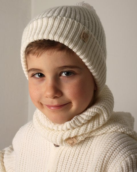 Cuffia pompon panna pura lana merino