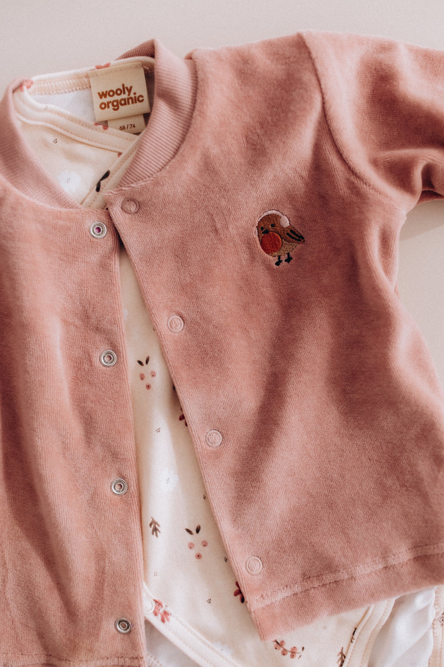 Completo cardigan e pantalone ciniglia di cotone BIO uccellino rosa