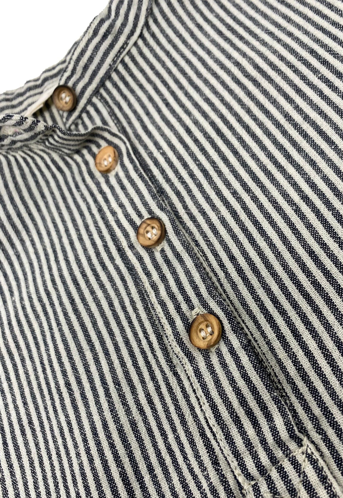 Camicia coreana manica lunga a righe ècru/blu, lino-cotone