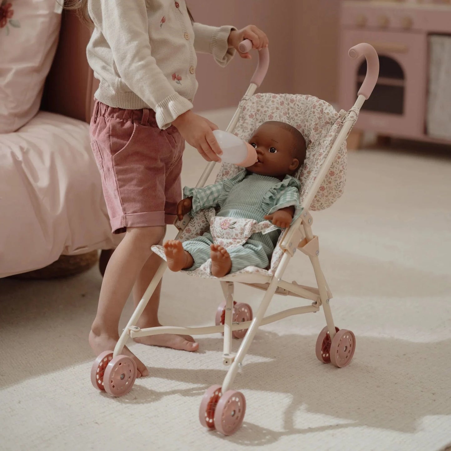 Passeggino bambole in metallo bianco/rosa