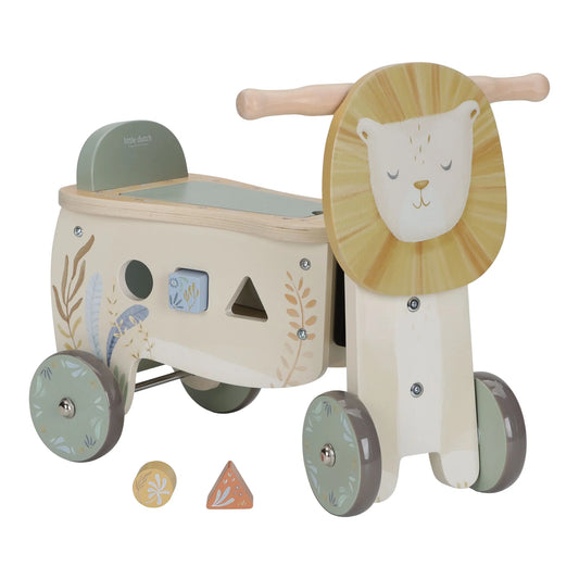 Leone cavalcabile con giochi in legno Safari Friends
