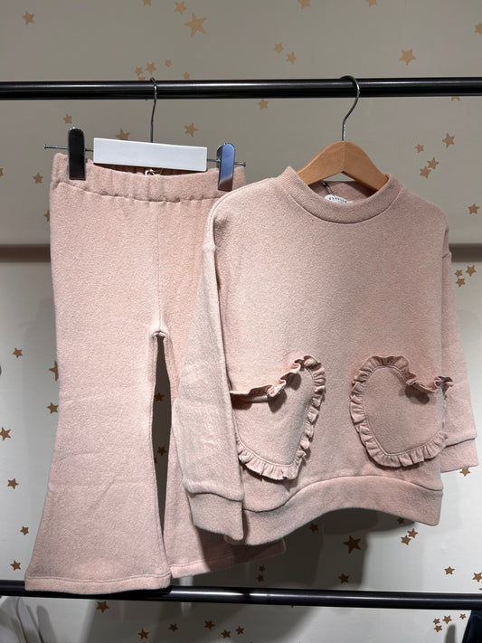 Felpa rosa confetto tasche cuori, caldo cotone