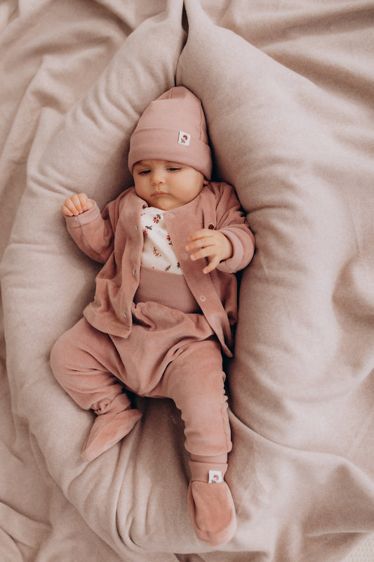 Completo cardigan e pantalone ciniglia di cotone BIO uccellino rosa