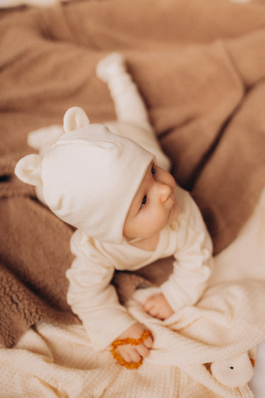Cuffietta neonato orecchie orso écru cotone BIO