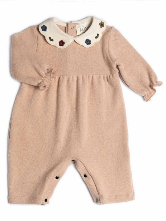 Tutina rosa caldo cotone con colletto ricamato