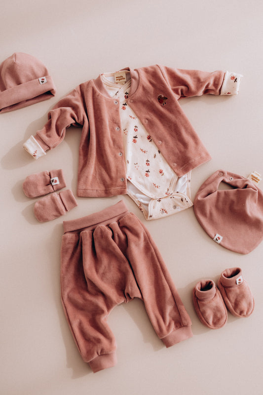 Completo cardigan e pantalone ciniglia di cotone BIO uccellino rosa