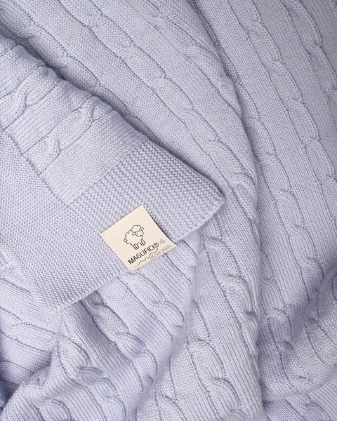 Coperta a trecce azzurro pura lana merino