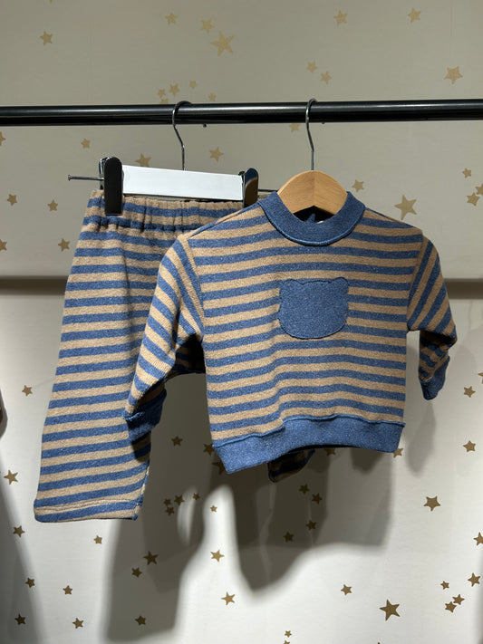 Felpa baby orso, riga legno/azzurro in caldo cotone