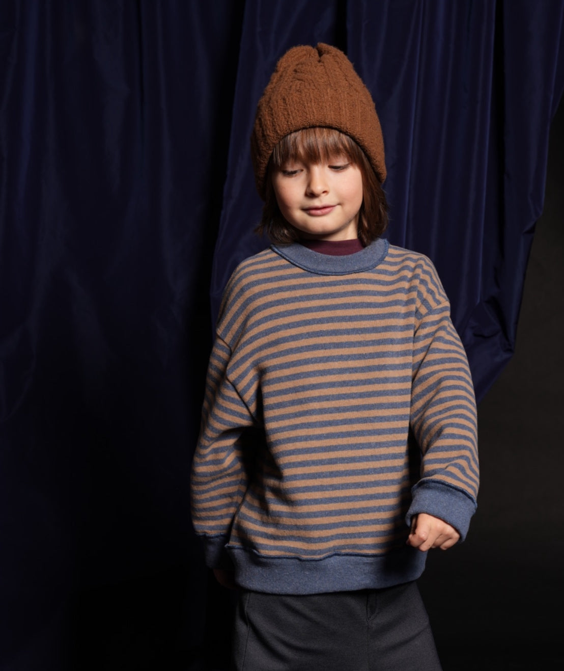 Felpa riga legno/blu caldo cotone