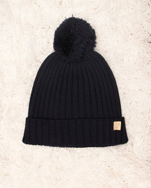 Cuffia pompon blu pura lana merino
