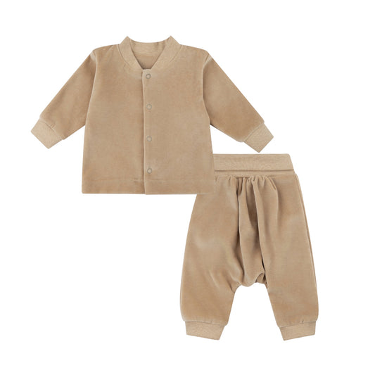 Completo cardigan e pantalone ciniglia beige cotone BIO
