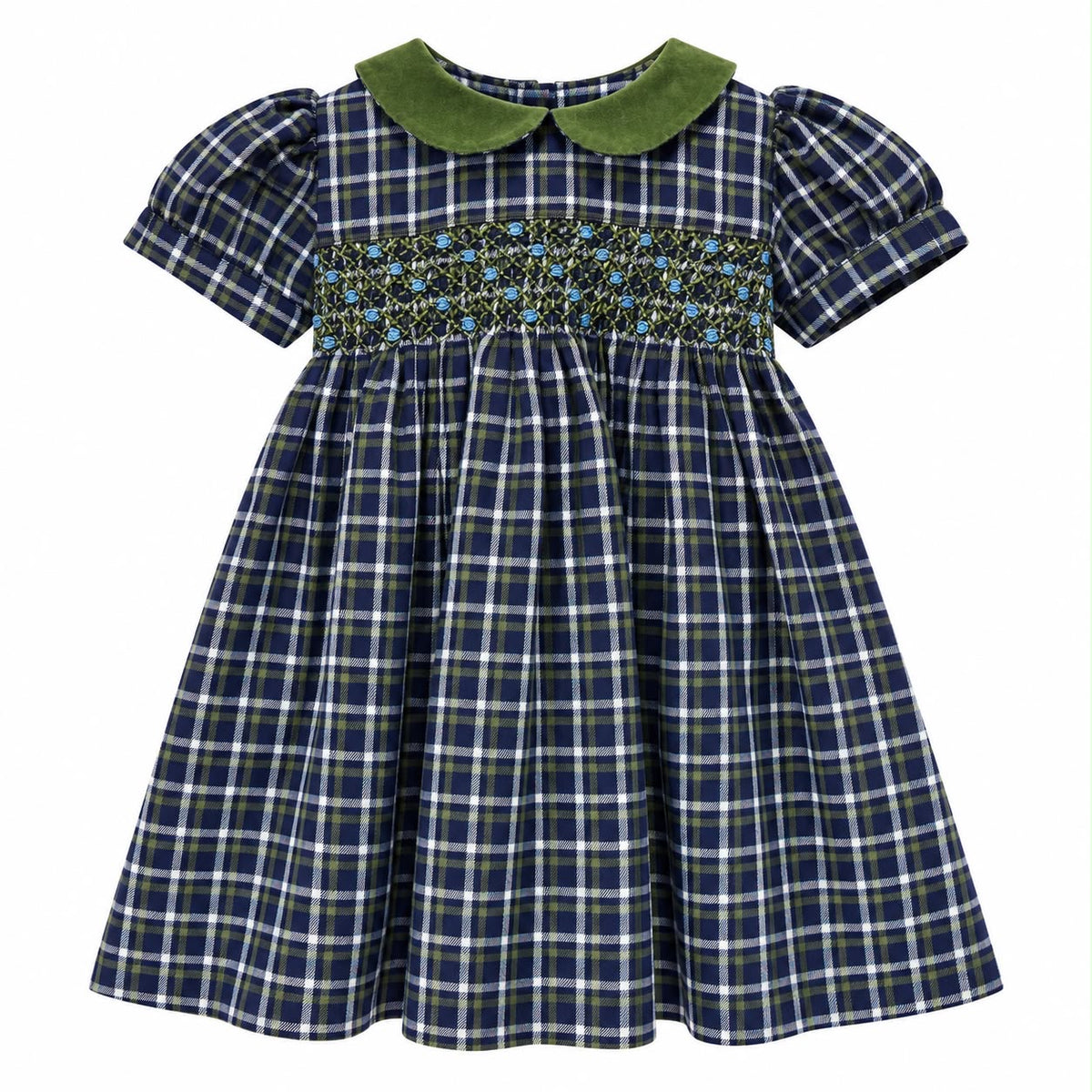 Abito baby scozzese punto smock e colletto in velluto verde