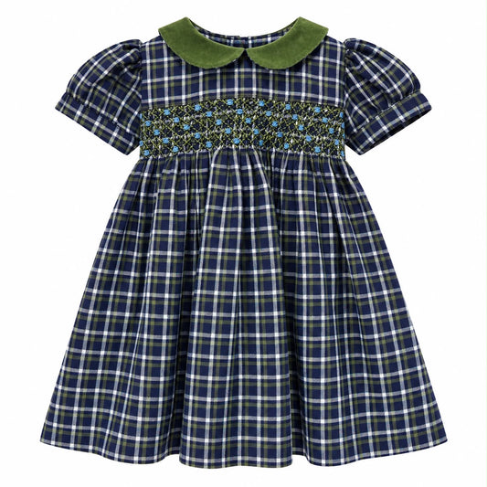 Abito baby scozzese punto smock e colletto in velluto verde