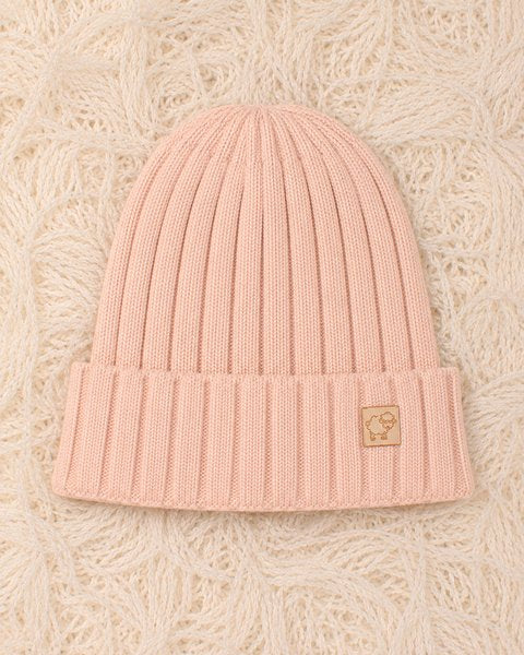 Cuffia baby rosa cipria a coste lana merino extrafine