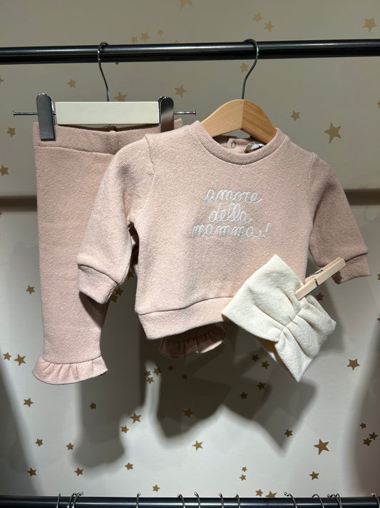 Felpa baby rosa confetto con ricamo “amore della mamma” in caldo cotone