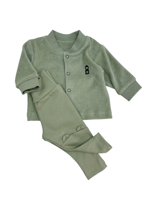 Completo cardigan e pantalone verde cotone bio