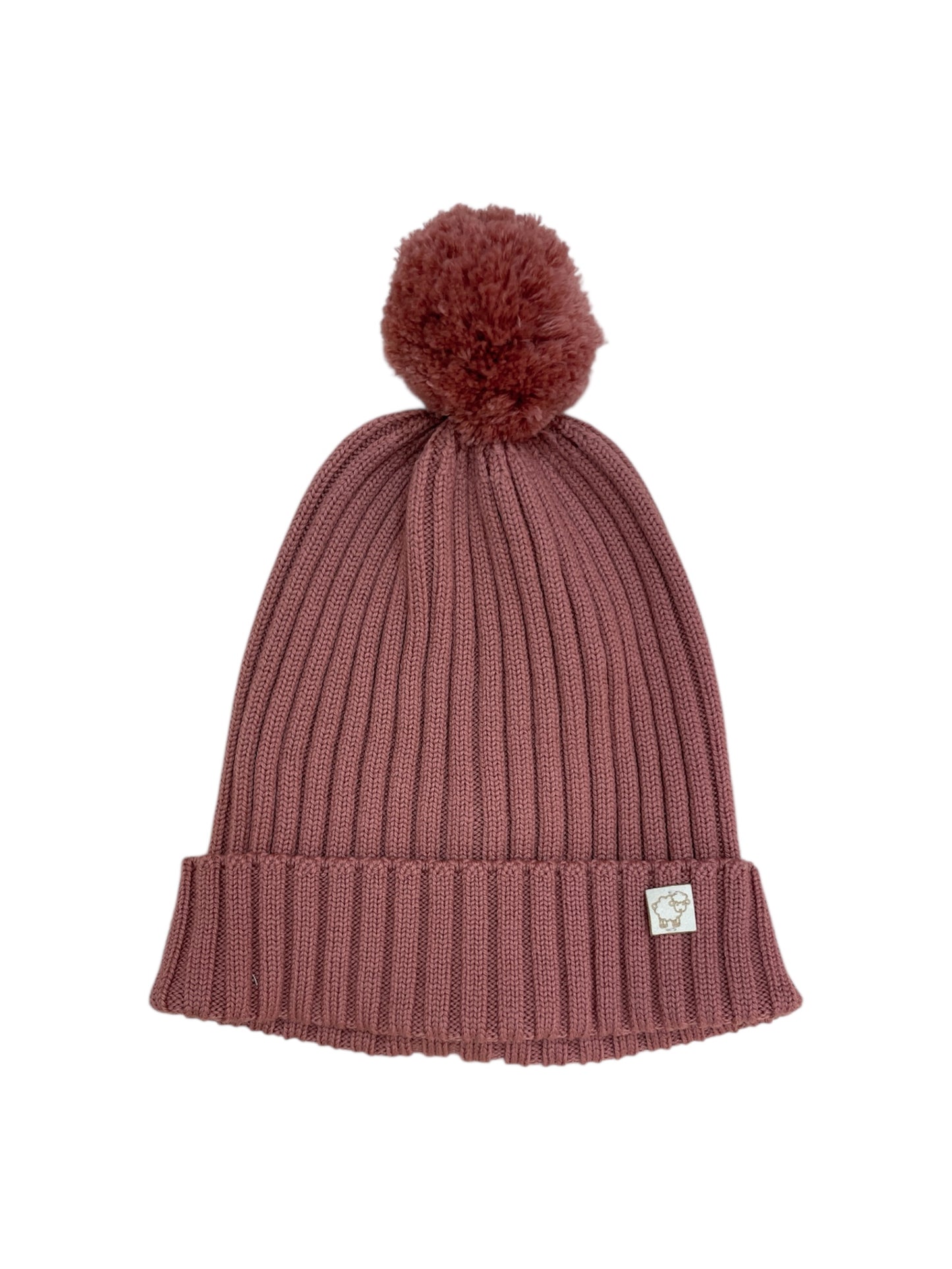 Cuffia pompon rose wood pura lana merino
