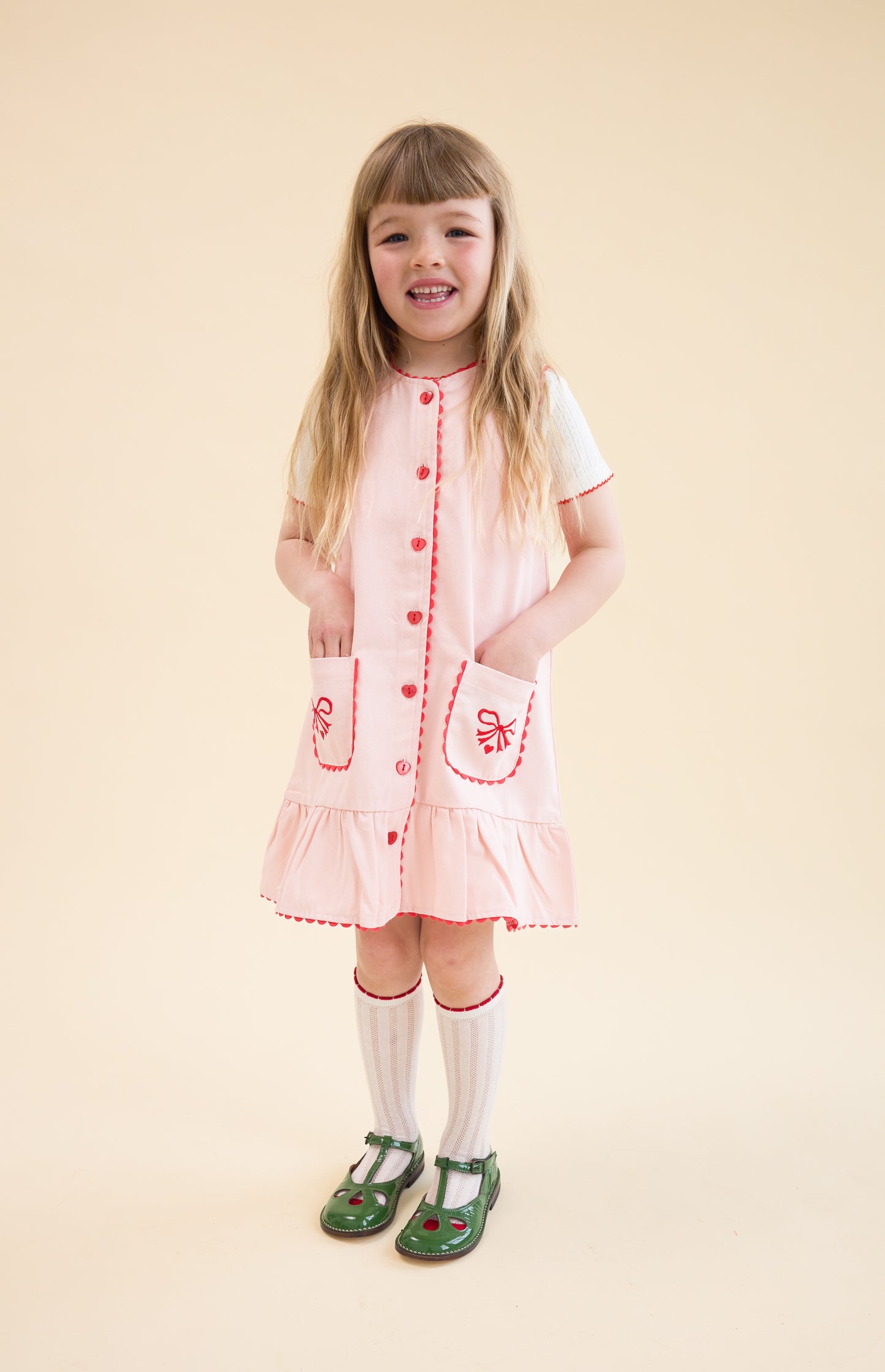 Abito denim rosa fiocchi ricamati Elina