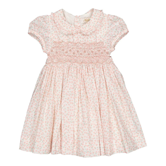 Abito Petronille punto smock con ricamo e stampa rosa margherite