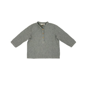Camicia coreana manica lunga a righe ècru/blu, lino-cotone