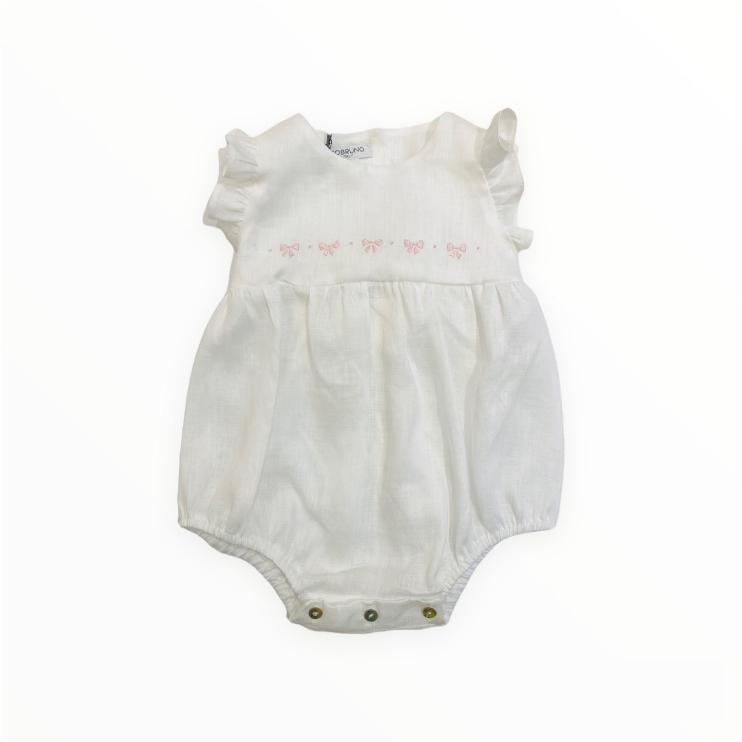 Linen romper with pink bow embroidery