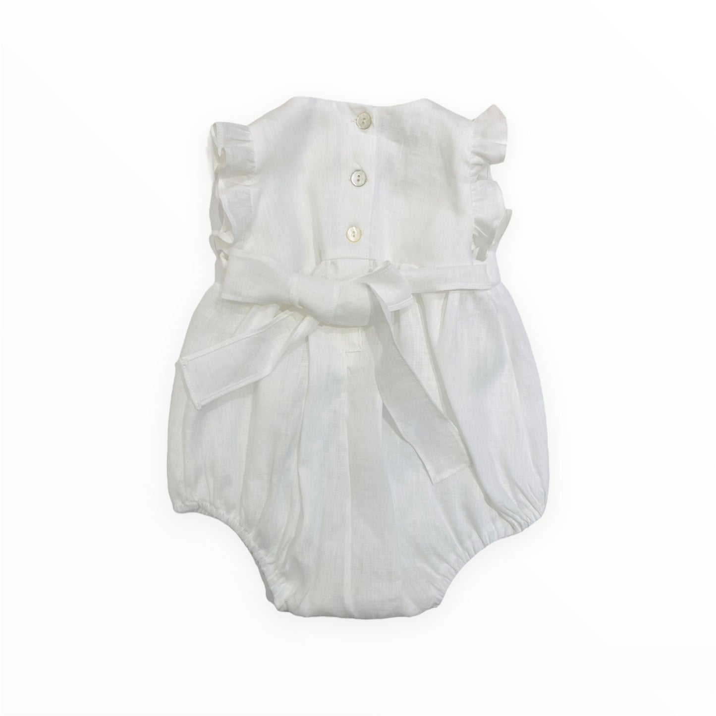 Linen romper with pink bow embroidery